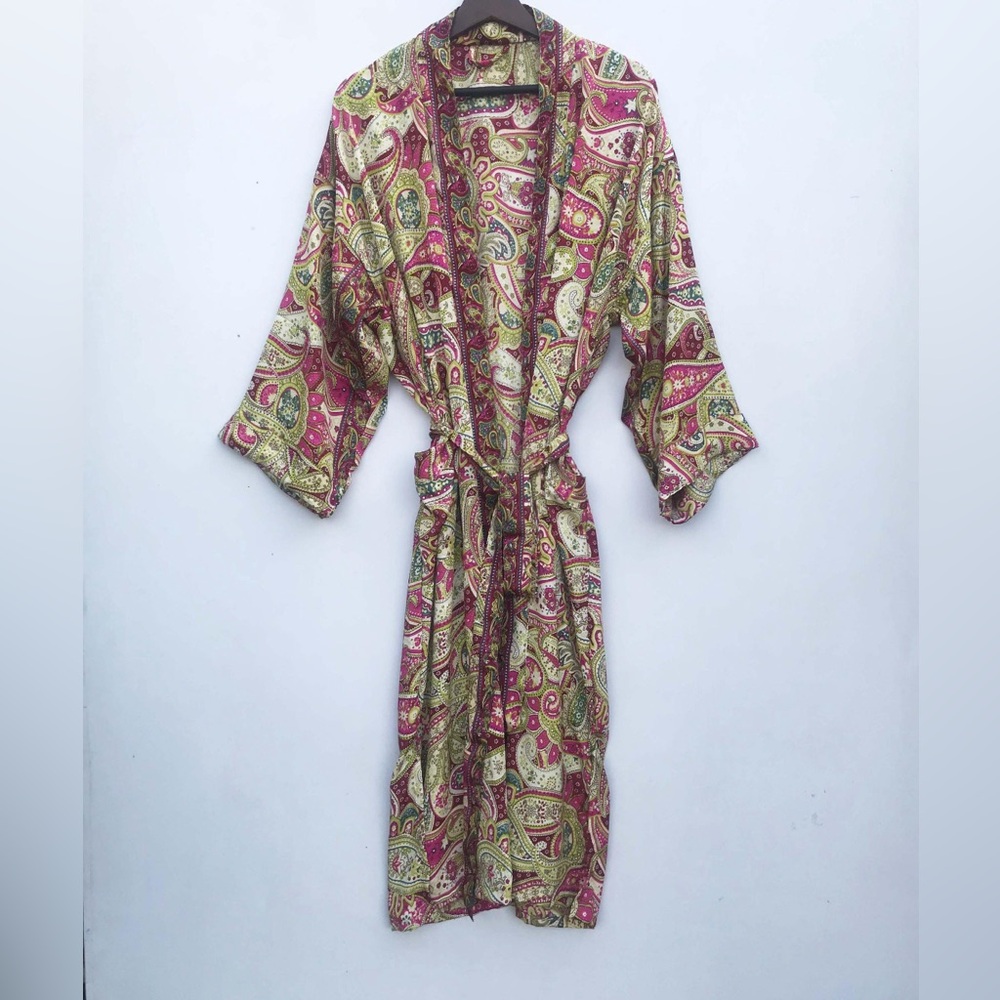 New #19 Paisley Silky Kimono fem Recycled Indian  Saris OSFM Pink Green Teal